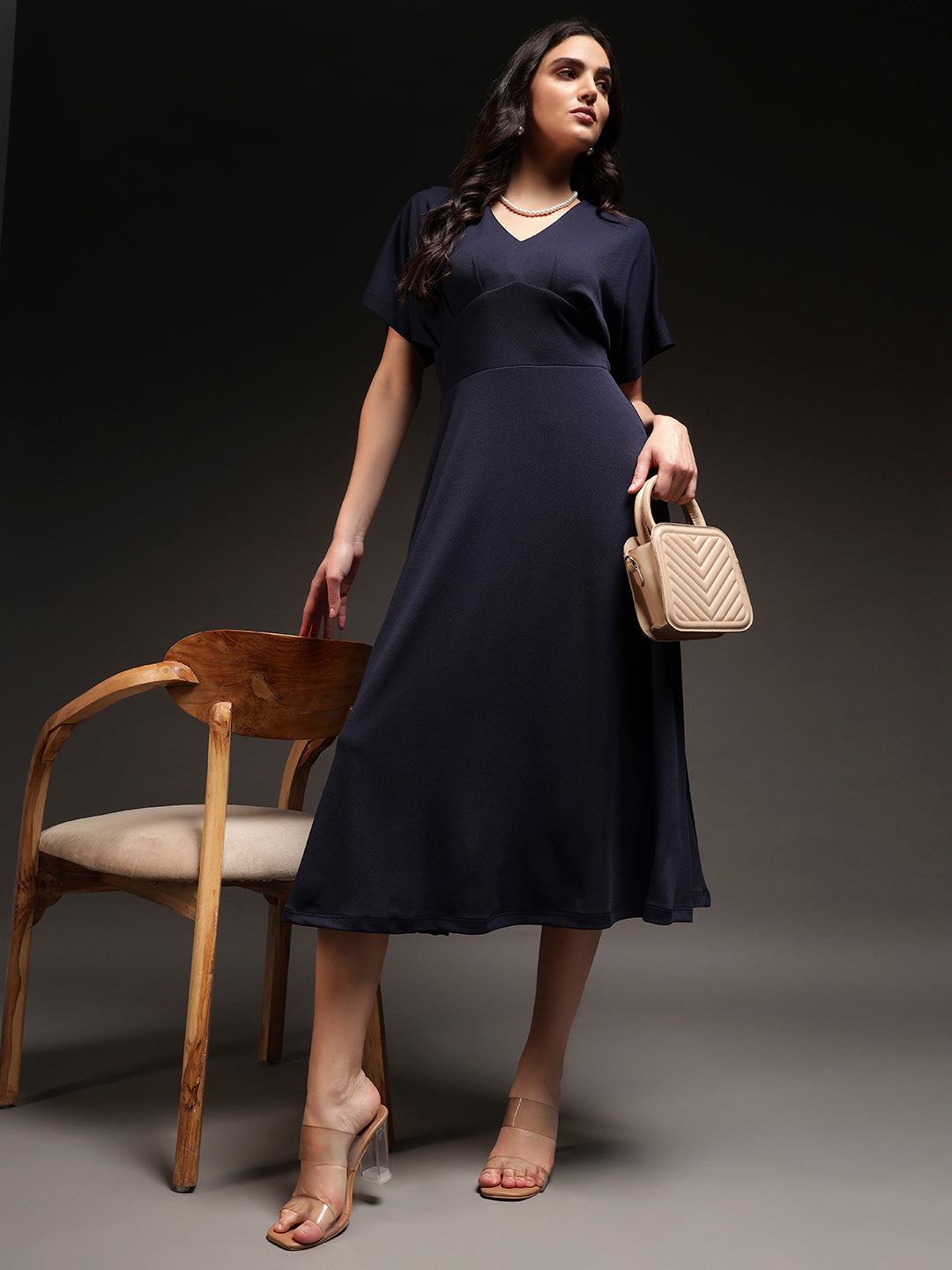 Empire V-Neck Dress - Navy Blue