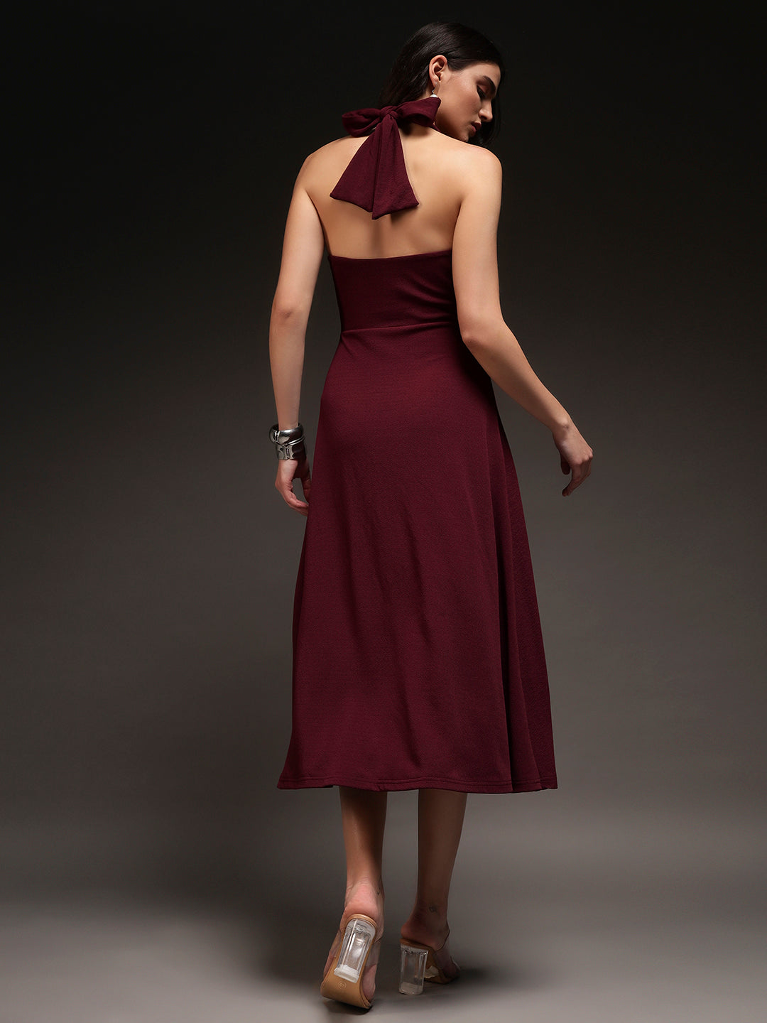 Halter Neck Fit & Flare Midi Dress - Burgundy