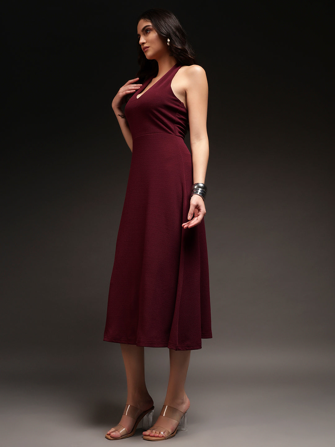Halter Neck Fit & Flare Midi Dress - Burgundy