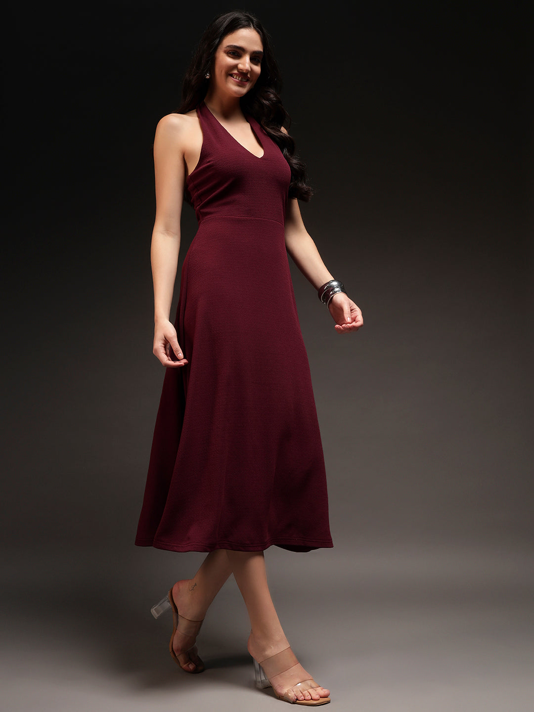 Halter Neck Fit & Flare Midi Dress - Burgundy