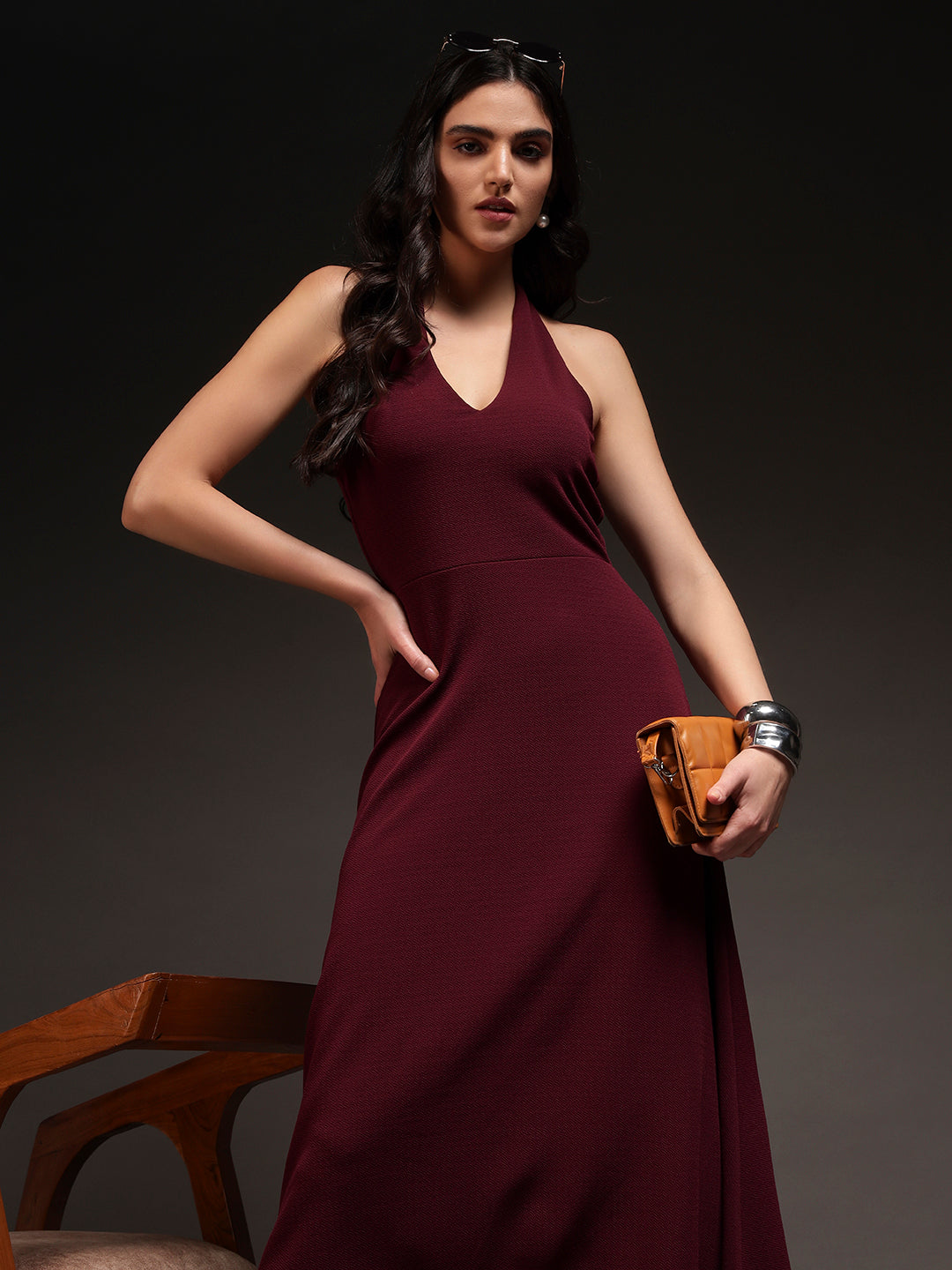 Halter Neck Fit & Flare Midi Dress - Burgundy
