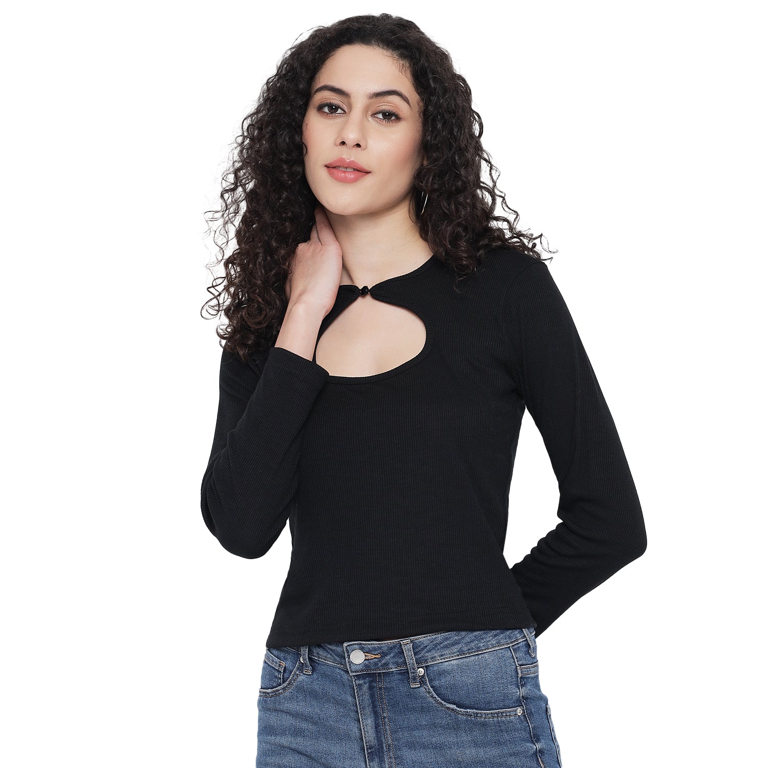 Black Ribbed Cutout Top , Fitted Stretch Top for Women