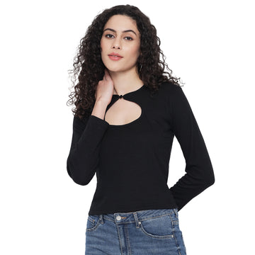 Black Ribbed Cutout Top , Fitted Stretch Top for Women