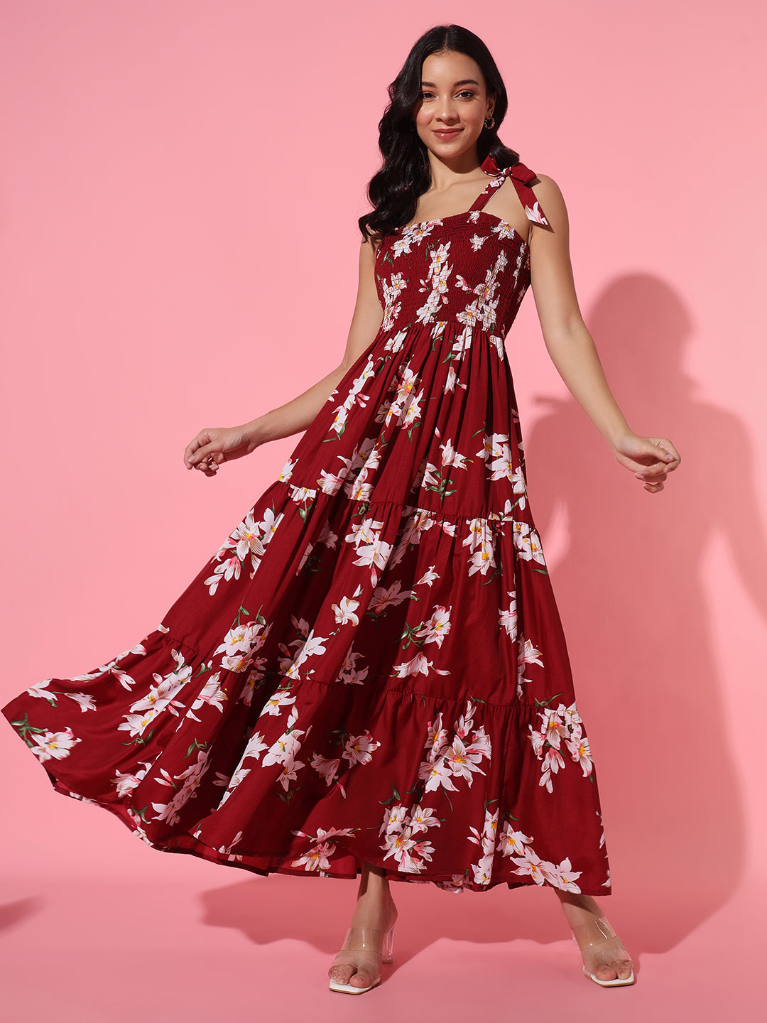 Shoulder Tie-Up Floral Maxi Dress