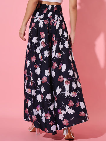 Navy Blue Printed Flared Palazzo