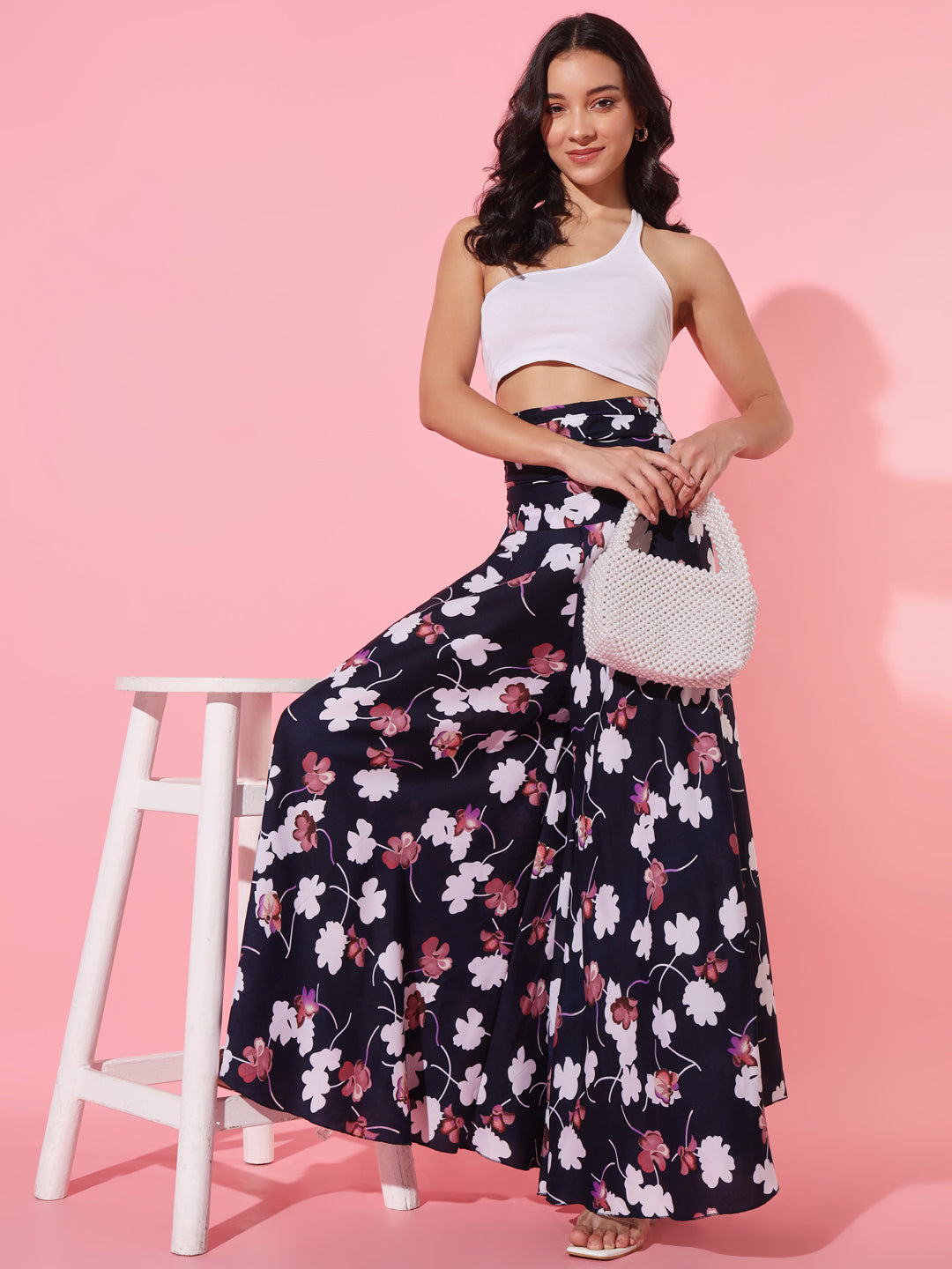 Printed Palazzo Pants - Navy Blue