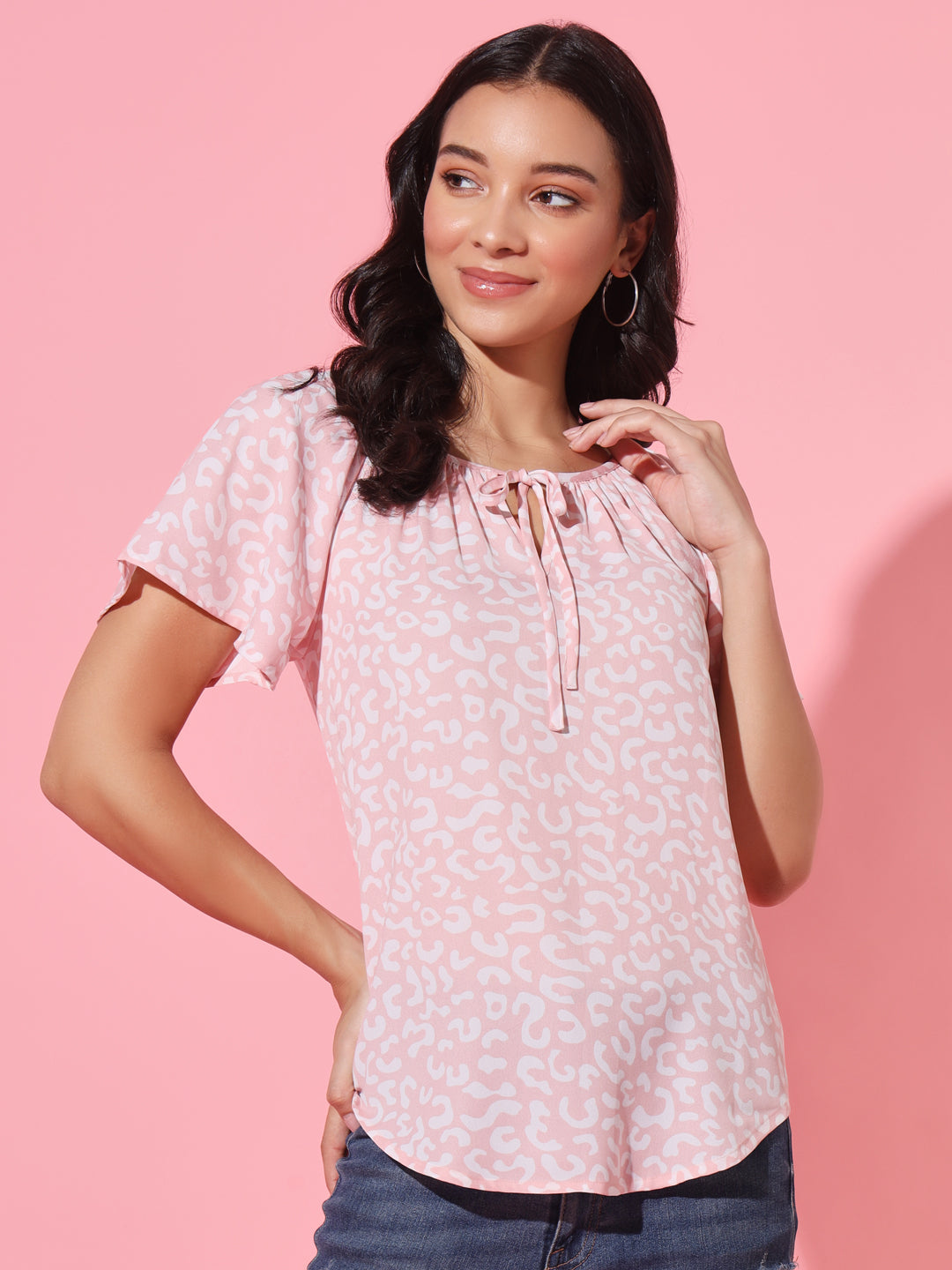 Pink Printed Tie-Up Neck Top