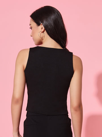 V-Neck Woven Waistcoat - Black