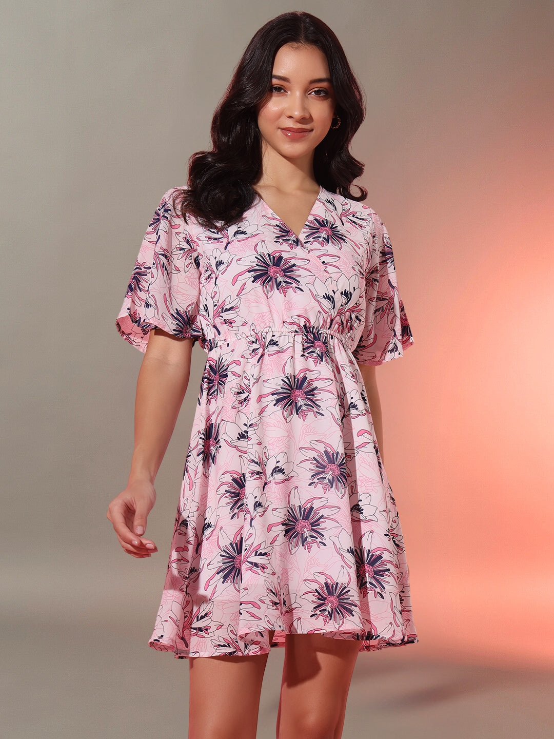 Overlaped Floral Short Dress