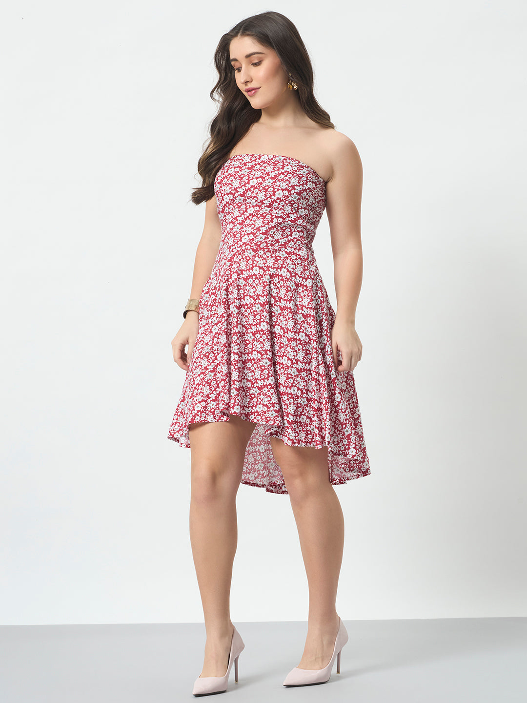 Off Shoulder Printed Dress - Red