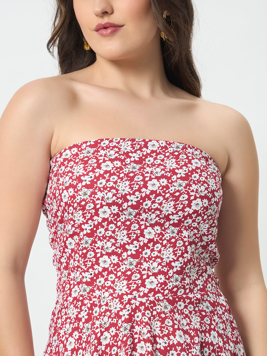 Off Shoulder Printed Dress - Red