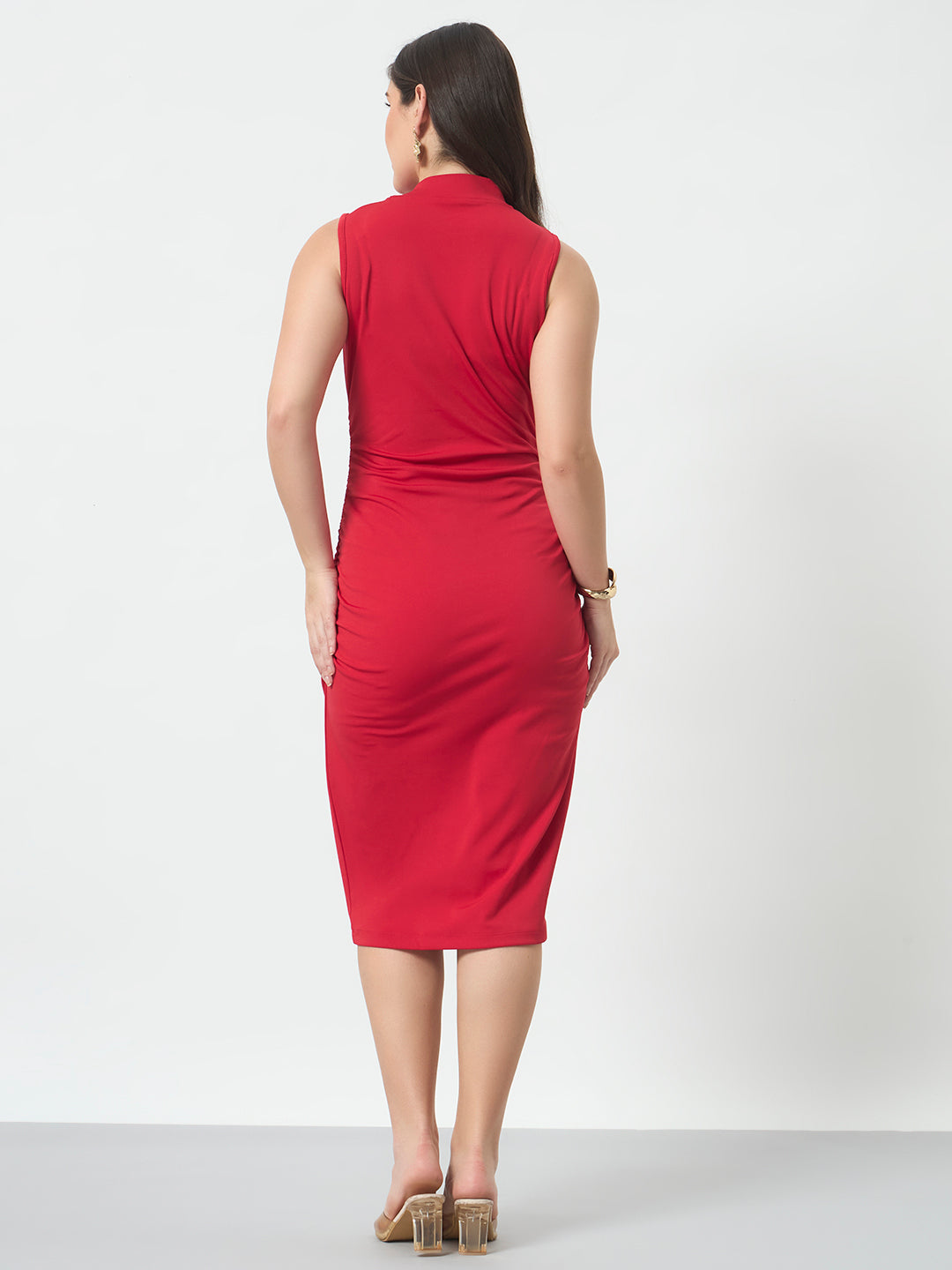 Ruched High Neck Maxi Dress - Red