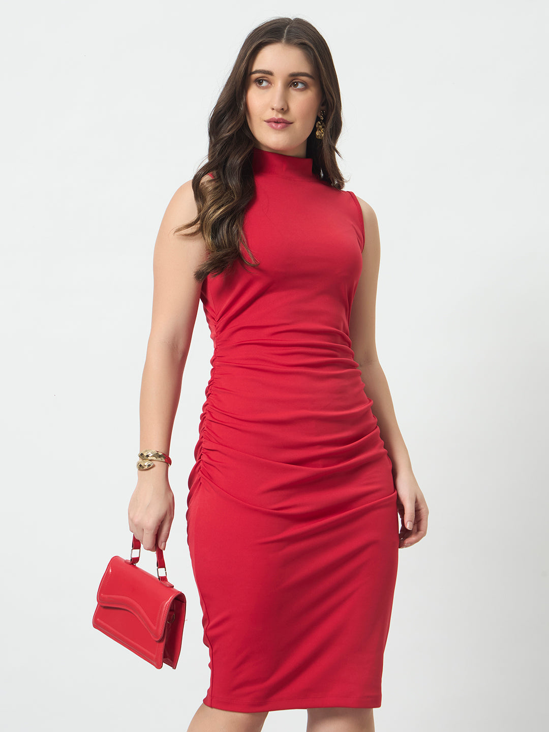 Ruched High Neck Maxi Dress - Red