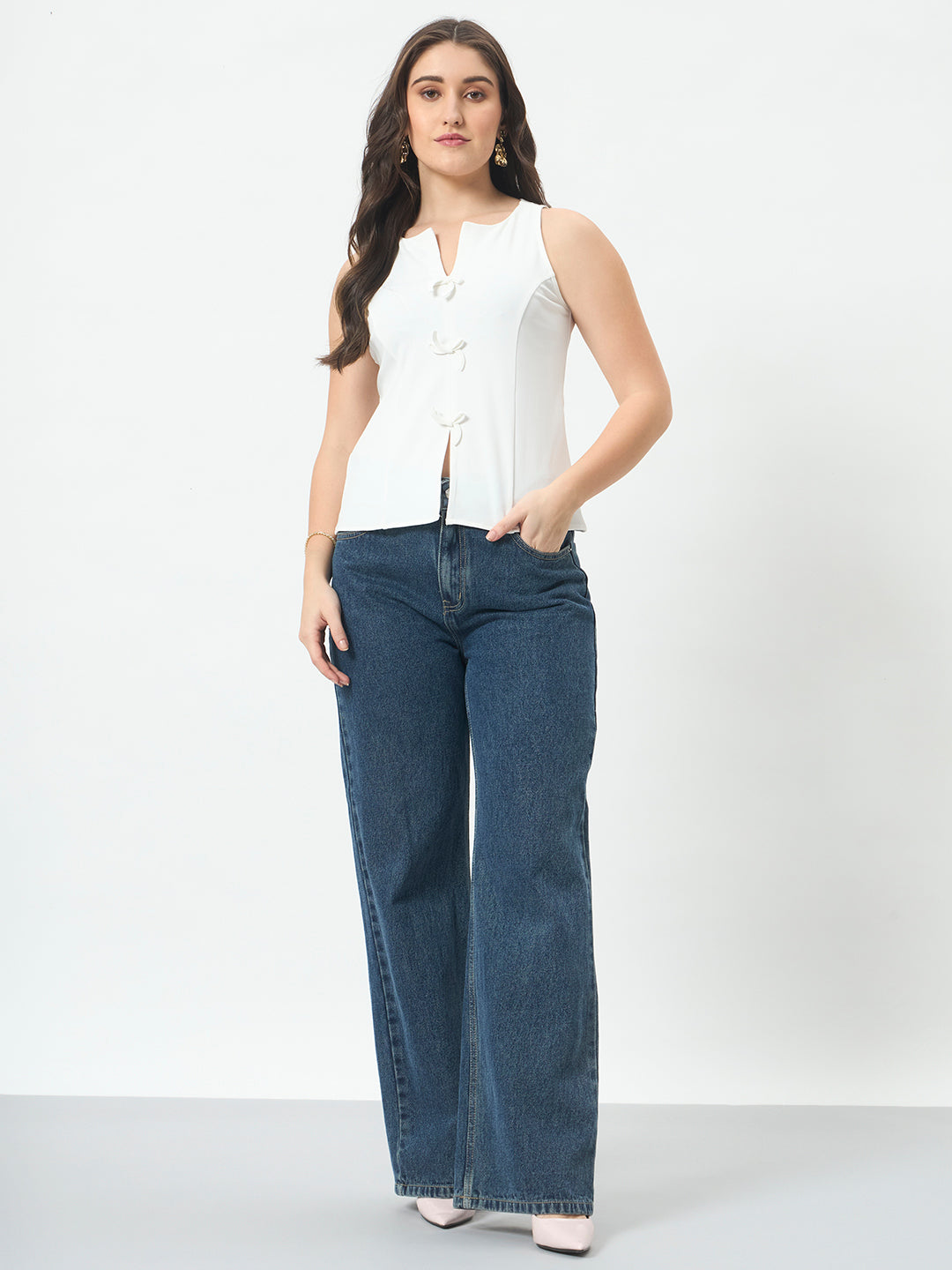 Bow Front Sleeveless Top - Off White