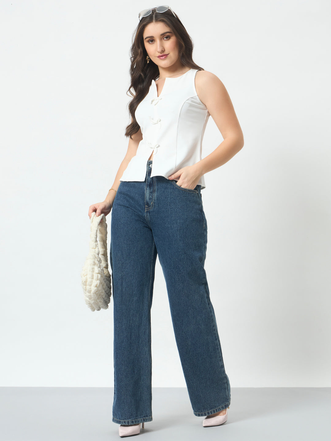 Bow Front Sleeveless Top - Off White