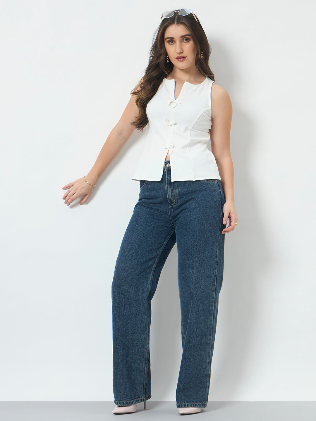 Bow Front Sleeveless Top - Off White