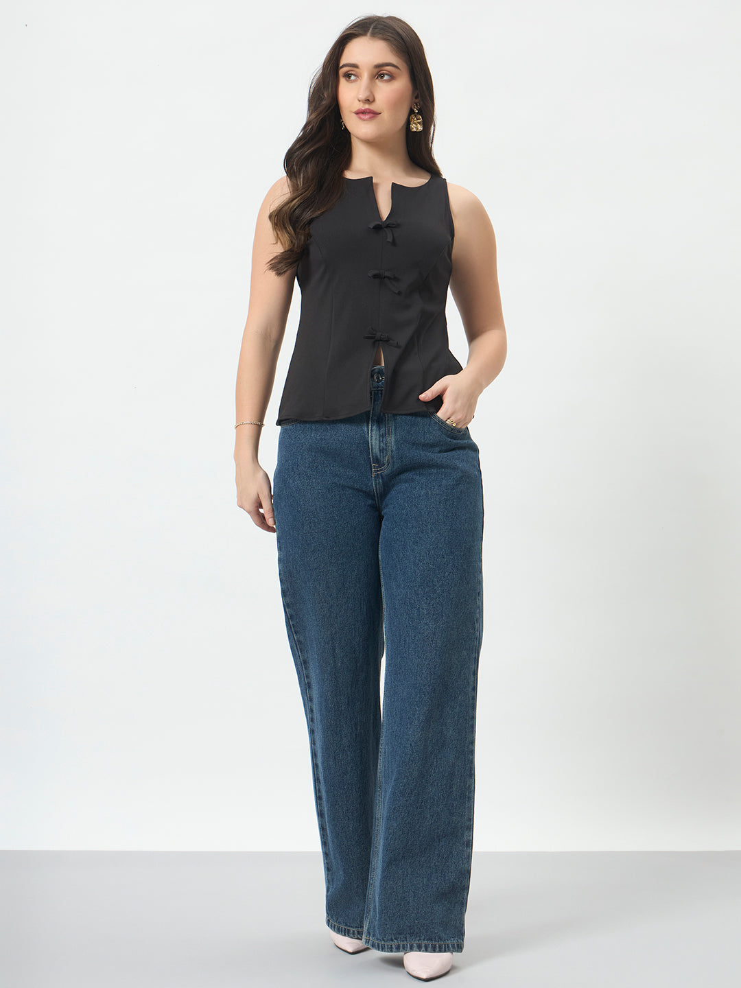 Bow Front Sleeveless Top - Black