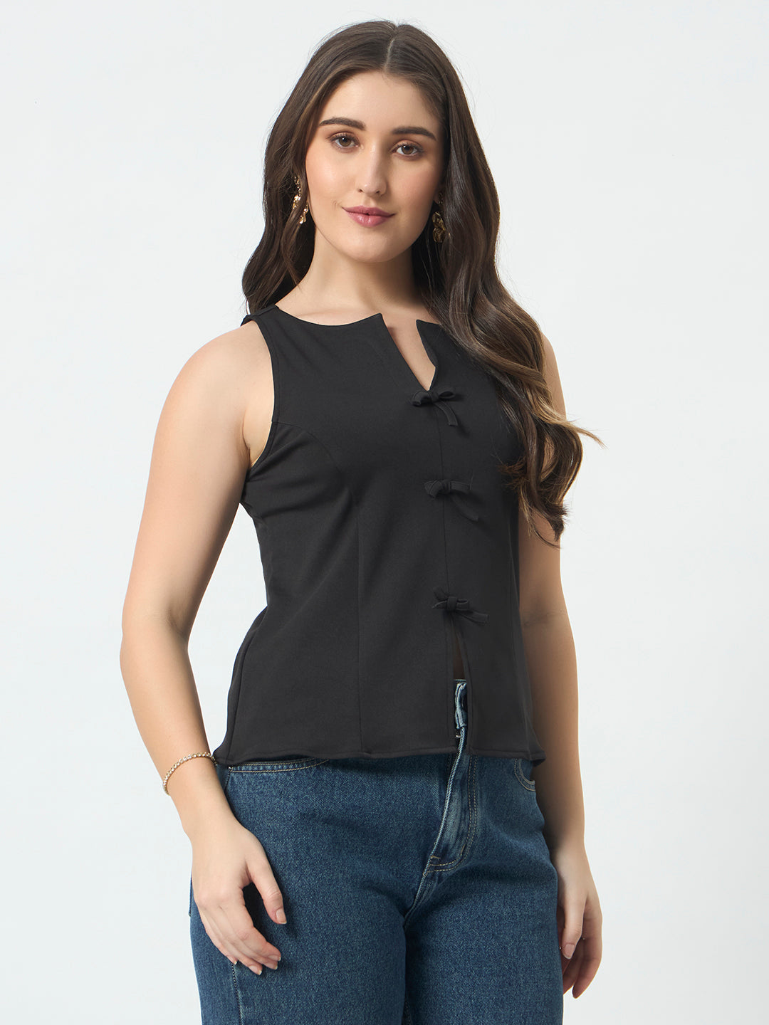 Bow Front Sleeveless Top - Black
