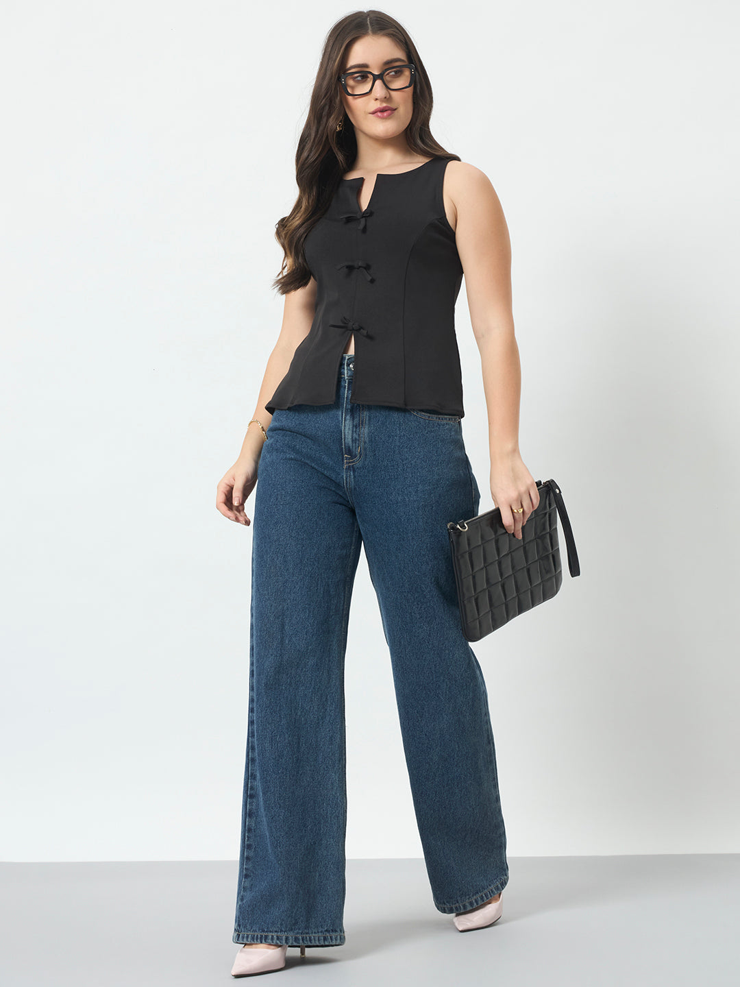 Bow Front Sleeveless Top - Black
