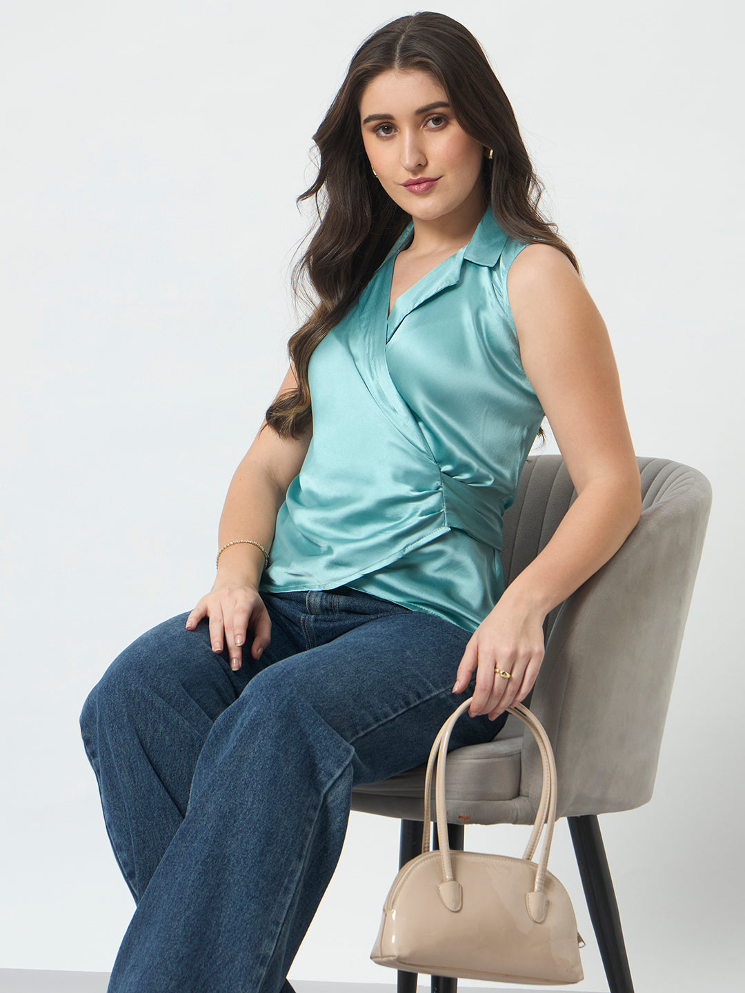 Shirt Style Wrap Around Top - Aqua