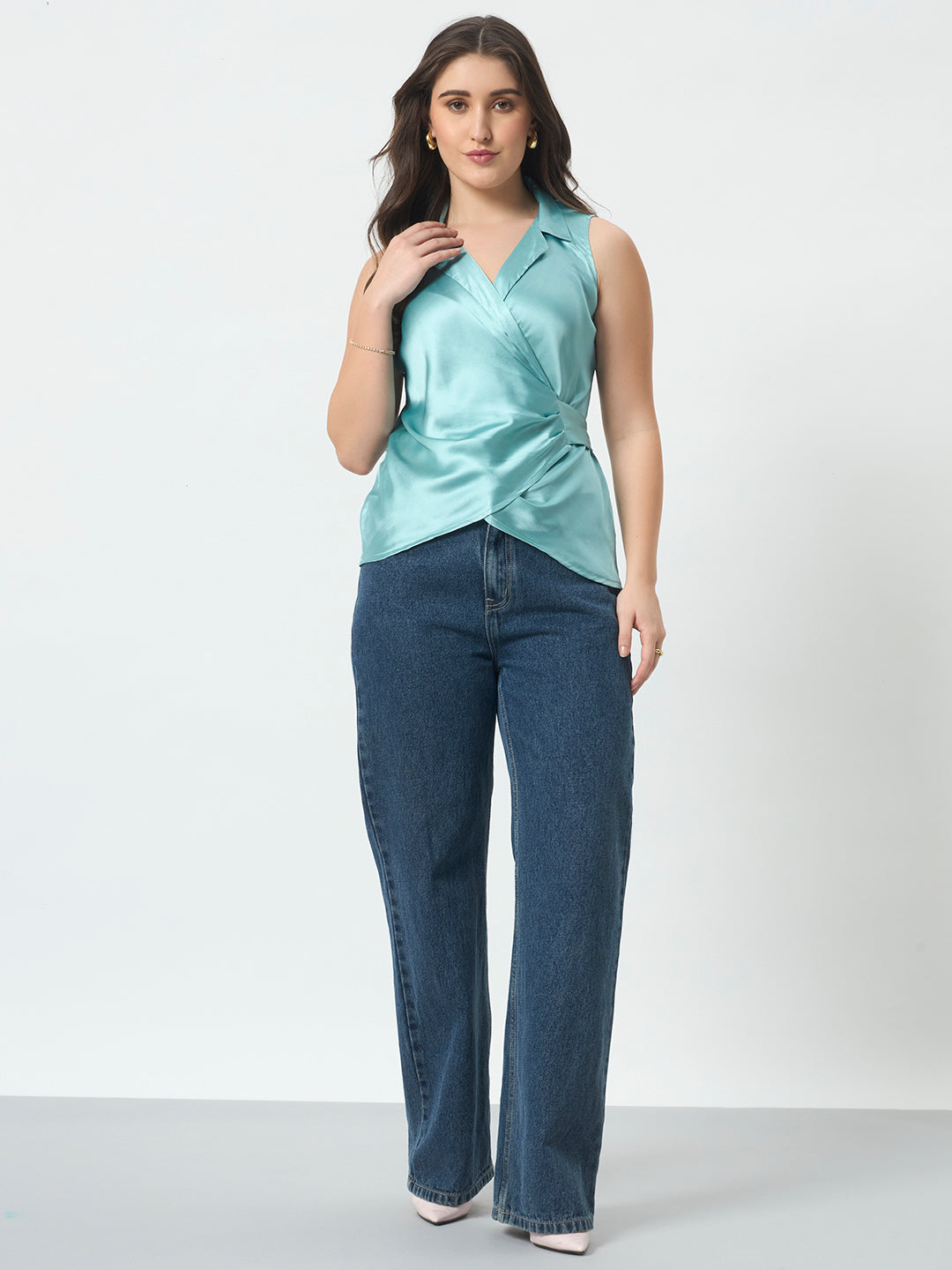 Shirt Style Wrap Around Top - Aqua