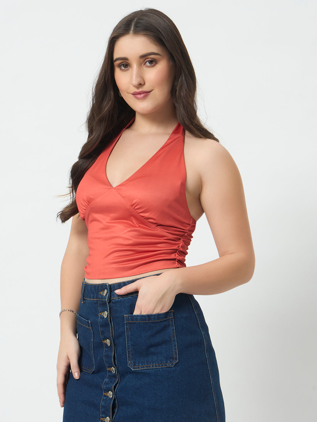 Halter Neck Crop Top - Burnt Coral