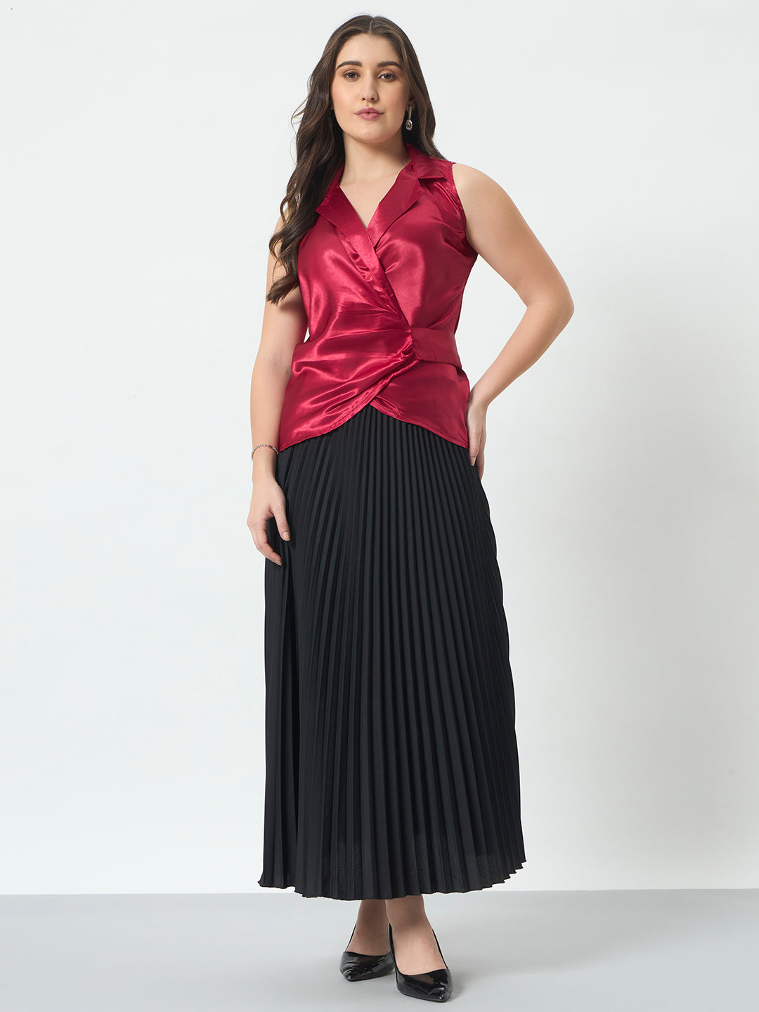 Shirt Style Wrap Around Top - Red