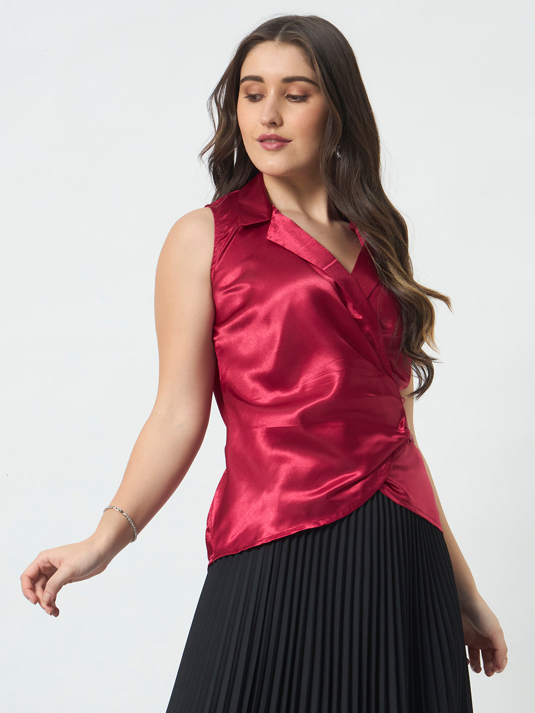 Shirt Style Wrap Around Top - Red