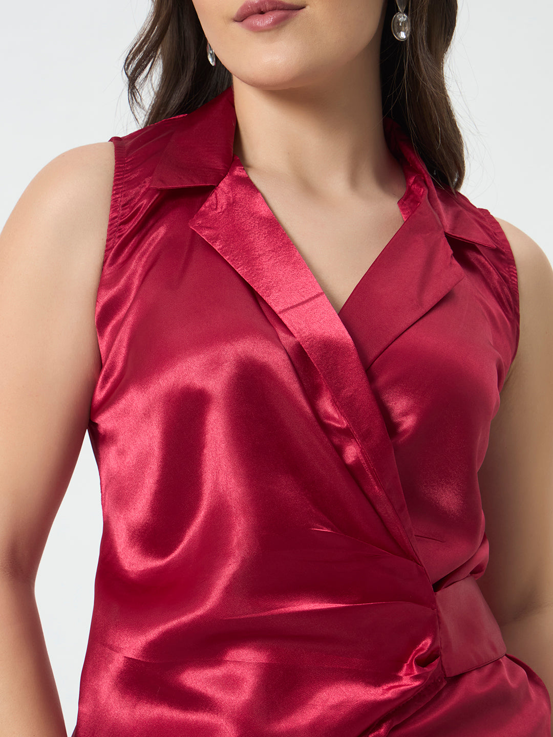 Shirt Style Wrap Around Top - Red