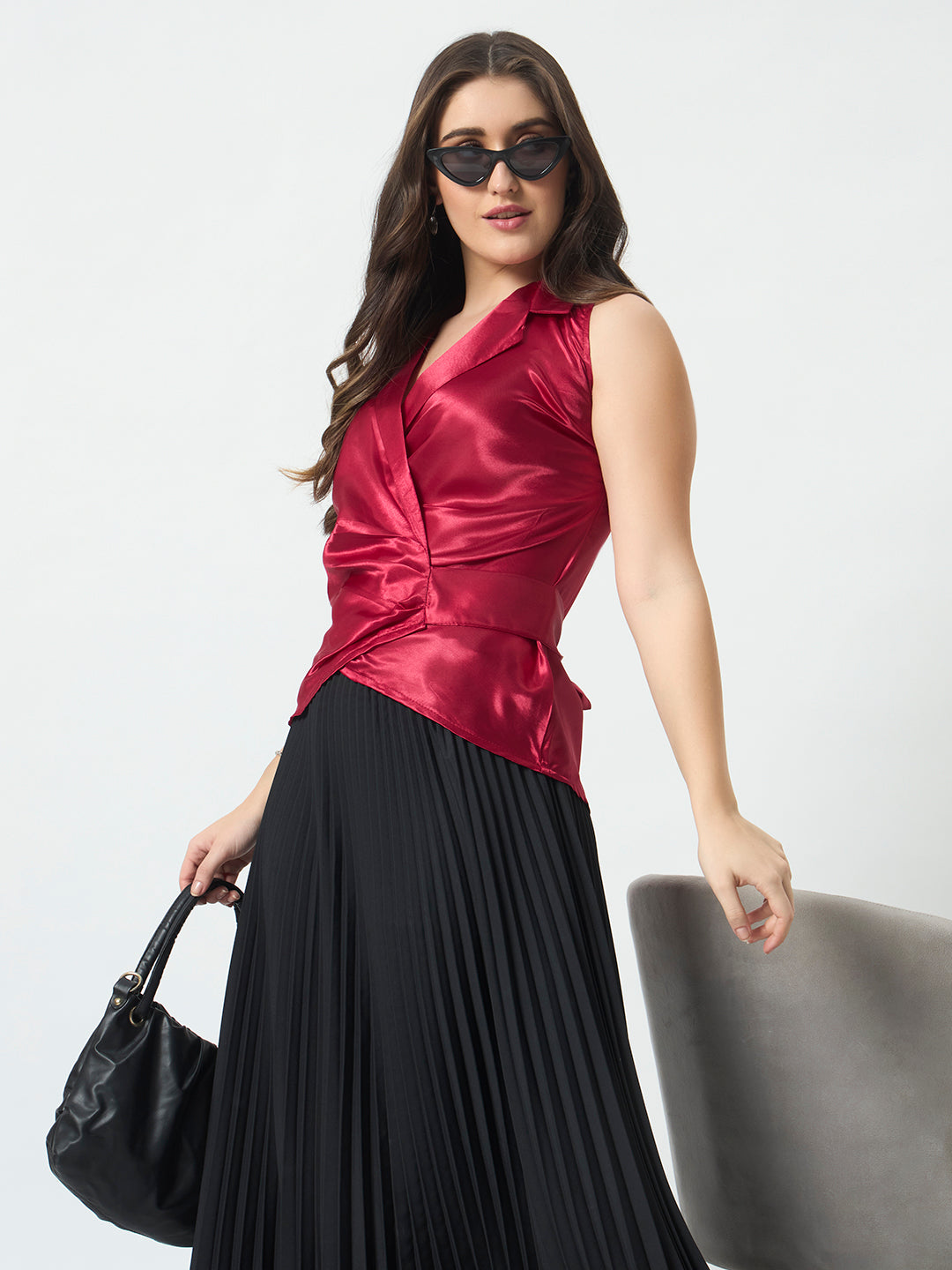 Shirt Style Wrap Around Top - Red