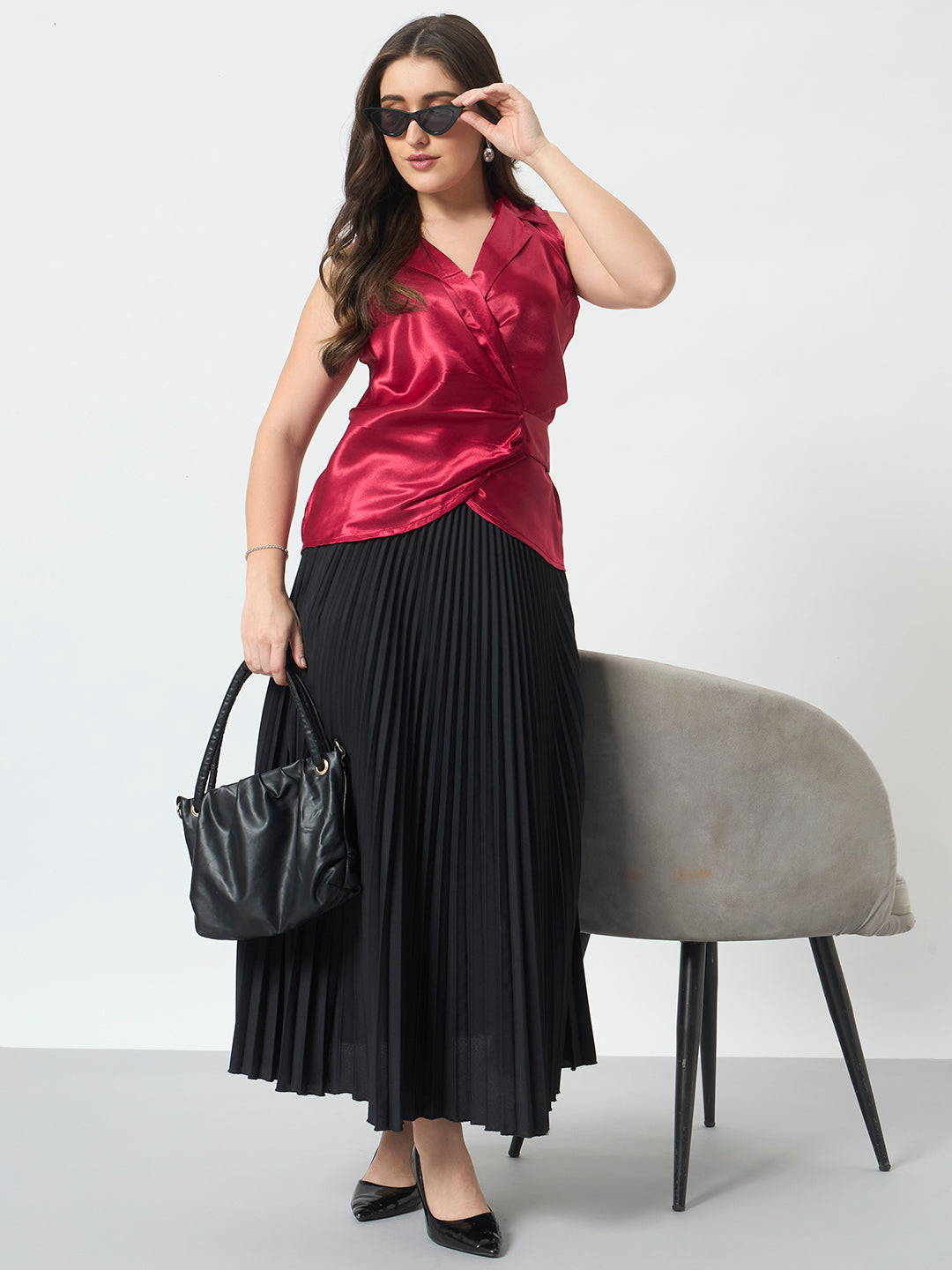 Shirt Style Wrap Around Top - Red