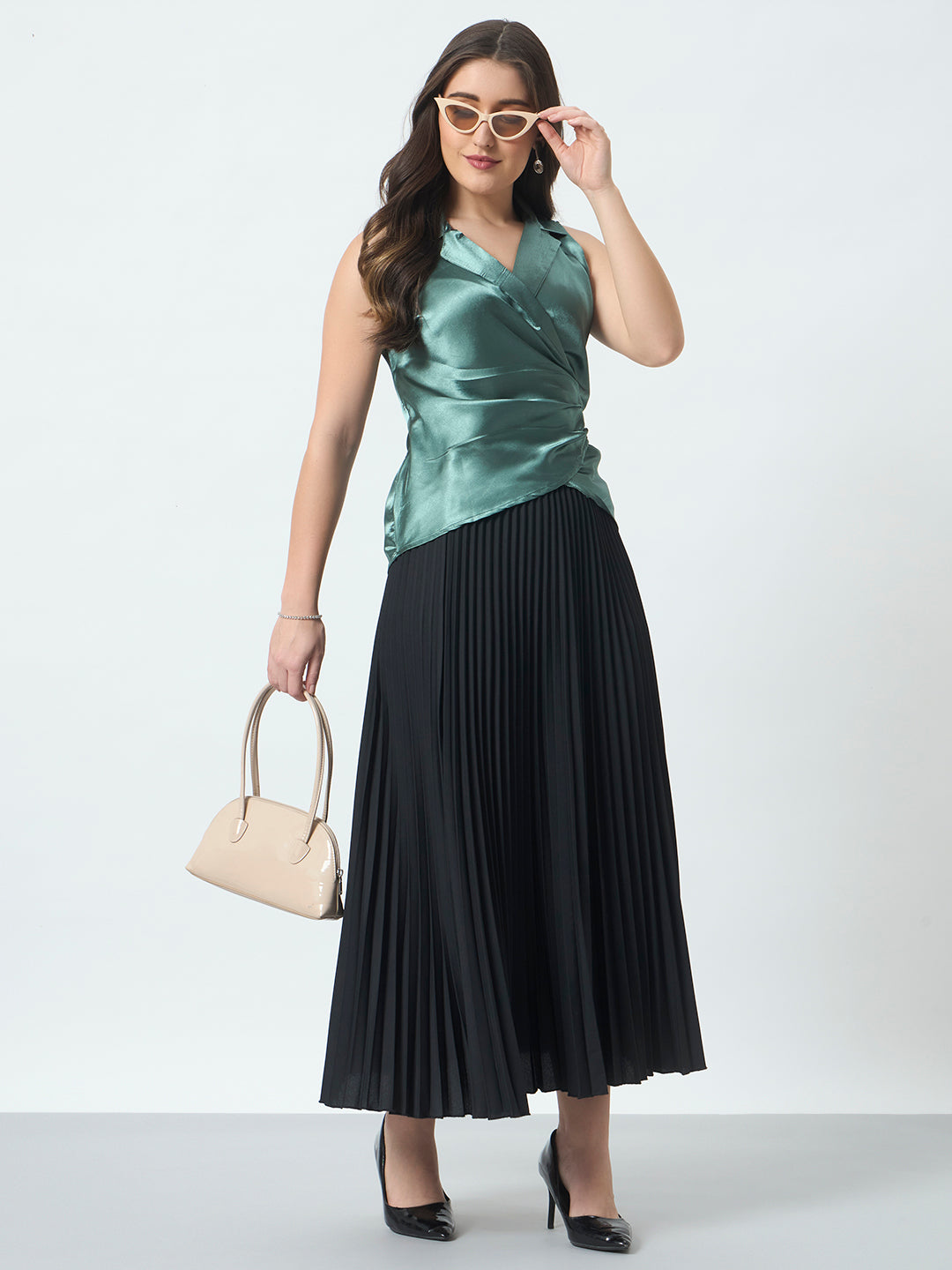 Shirt Style Wrap Around Top - Green