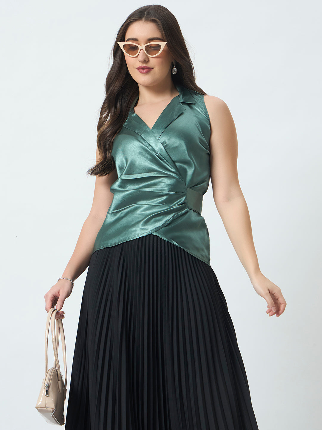 Shirt Style Wrap Around Top - Green