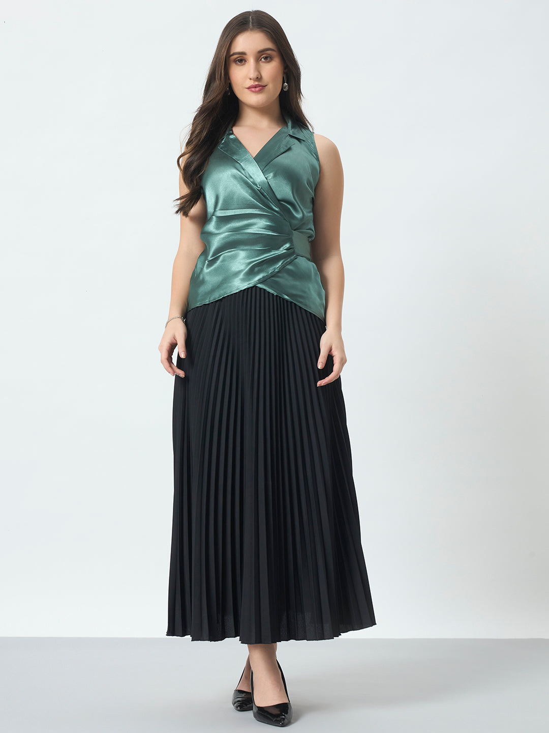 Shirt Style Wrap Around Top - Green