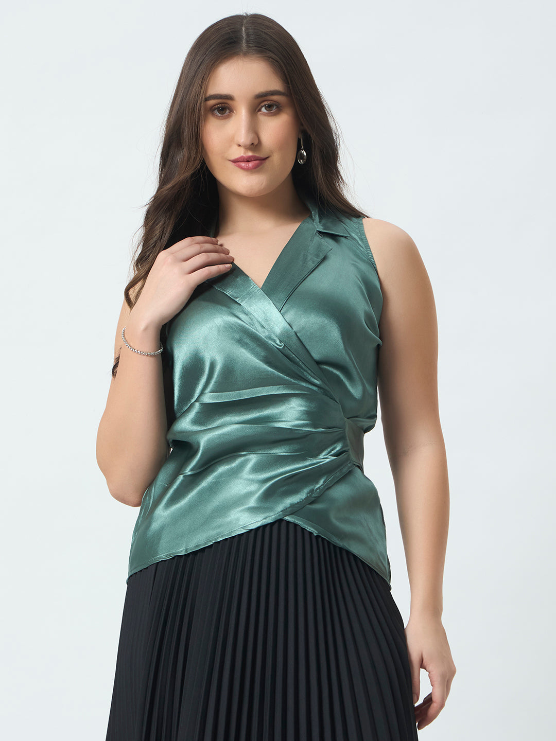 Shirt Style Wrap Around Top - Green
