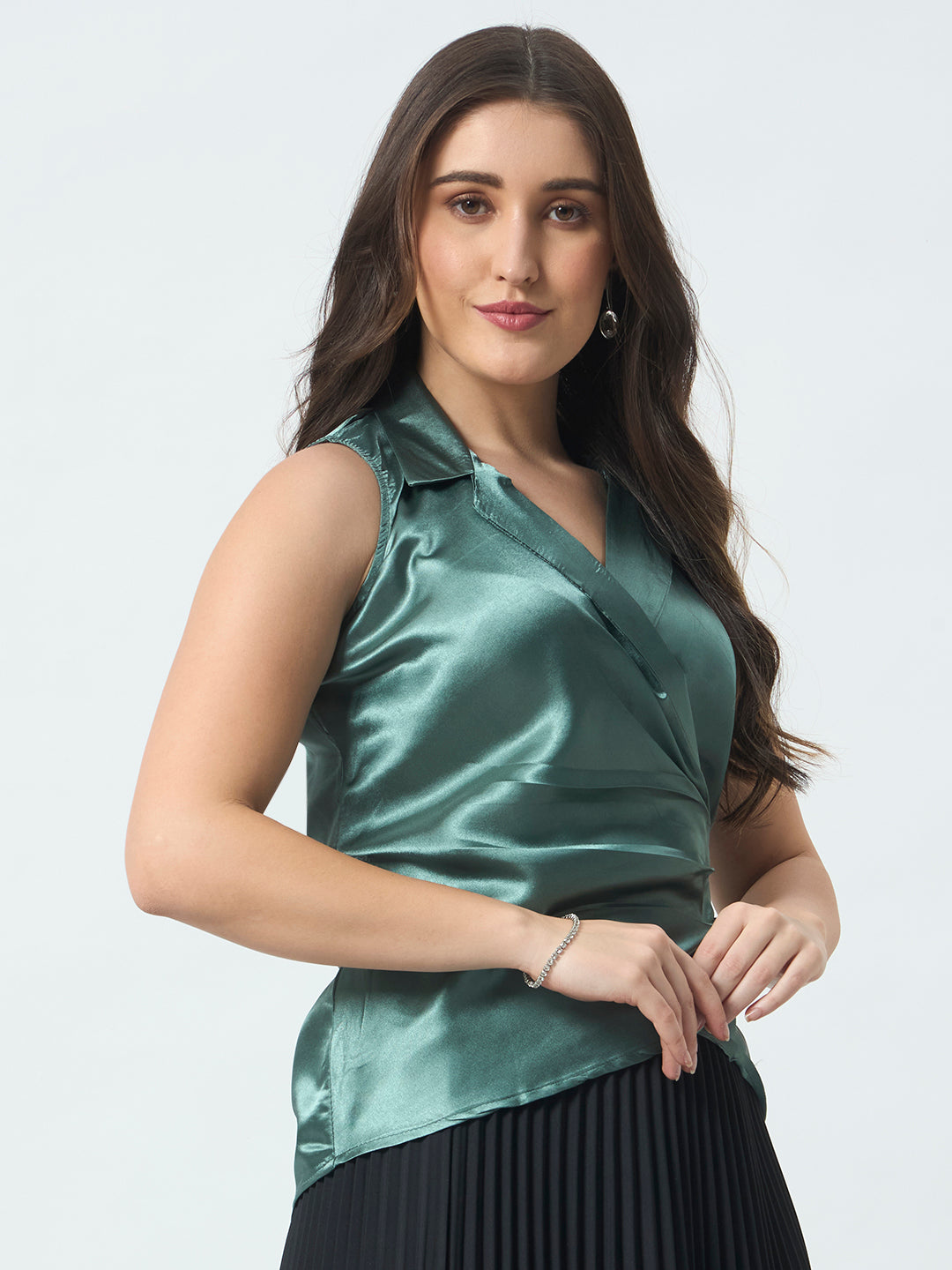 Shirt Style Wrap Around Top - Green
