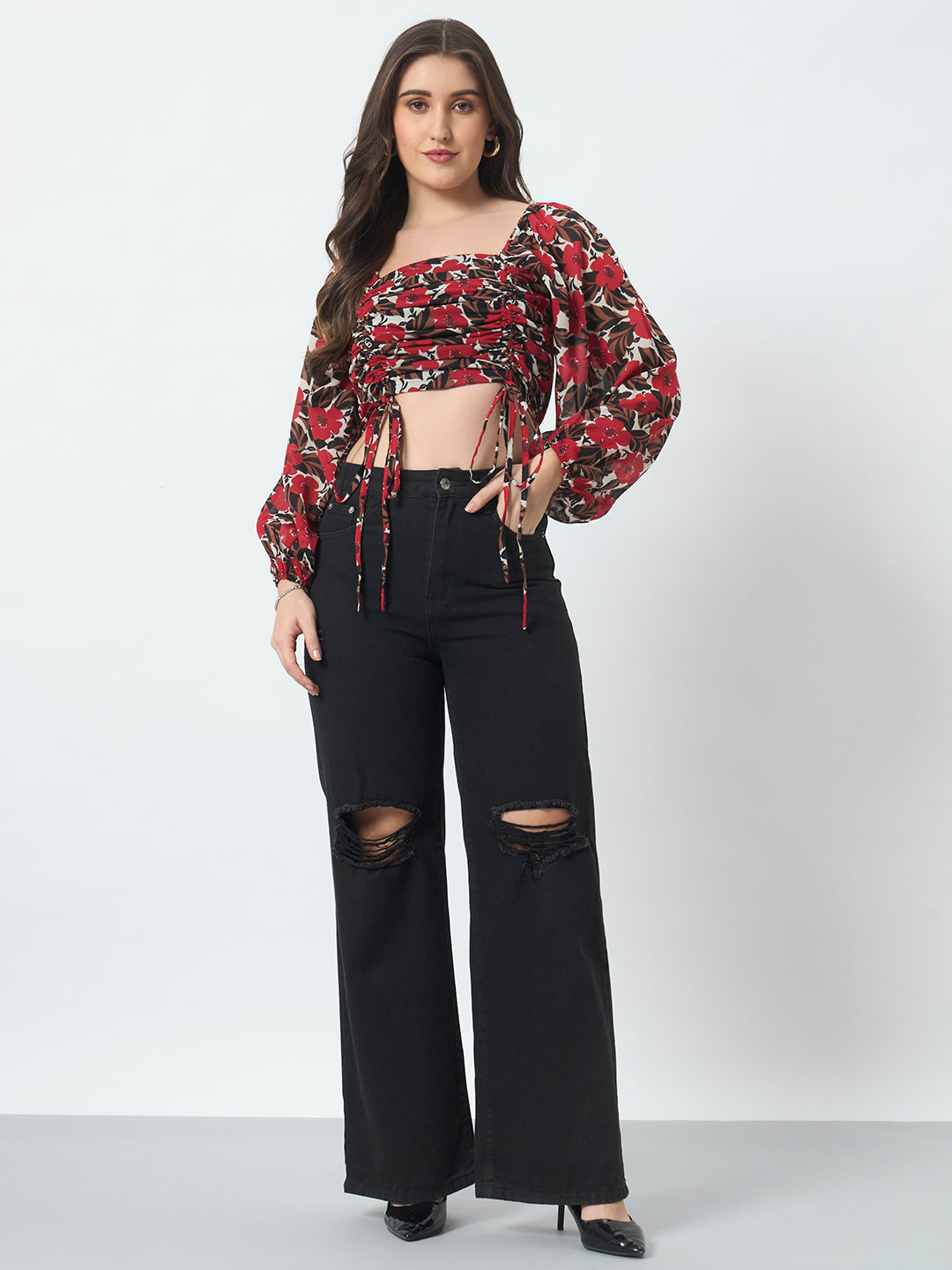 Ruched Printed Top - Red