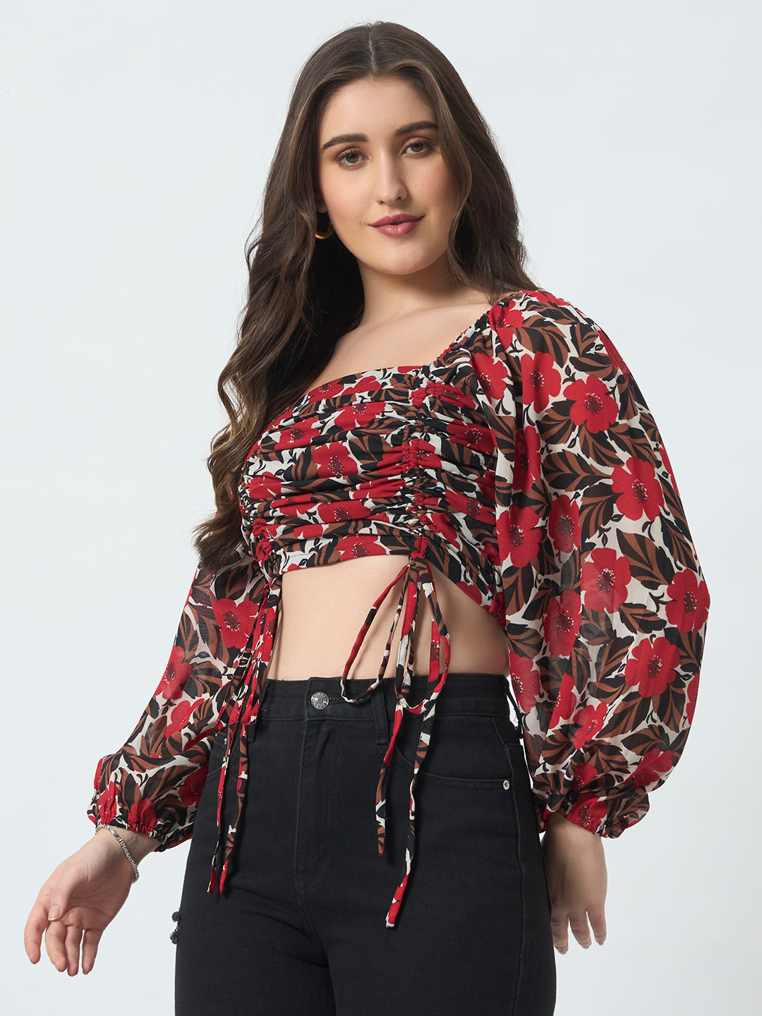 Ruched Printed Top - Red