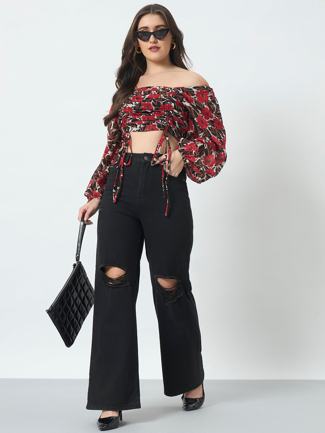 Ruched Printed Top - Red
