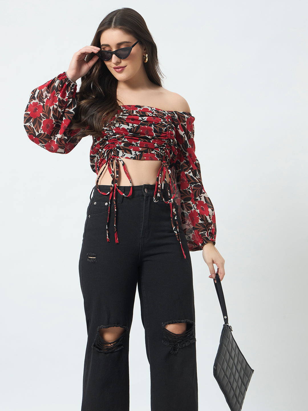 Ruched Printed Top - Red