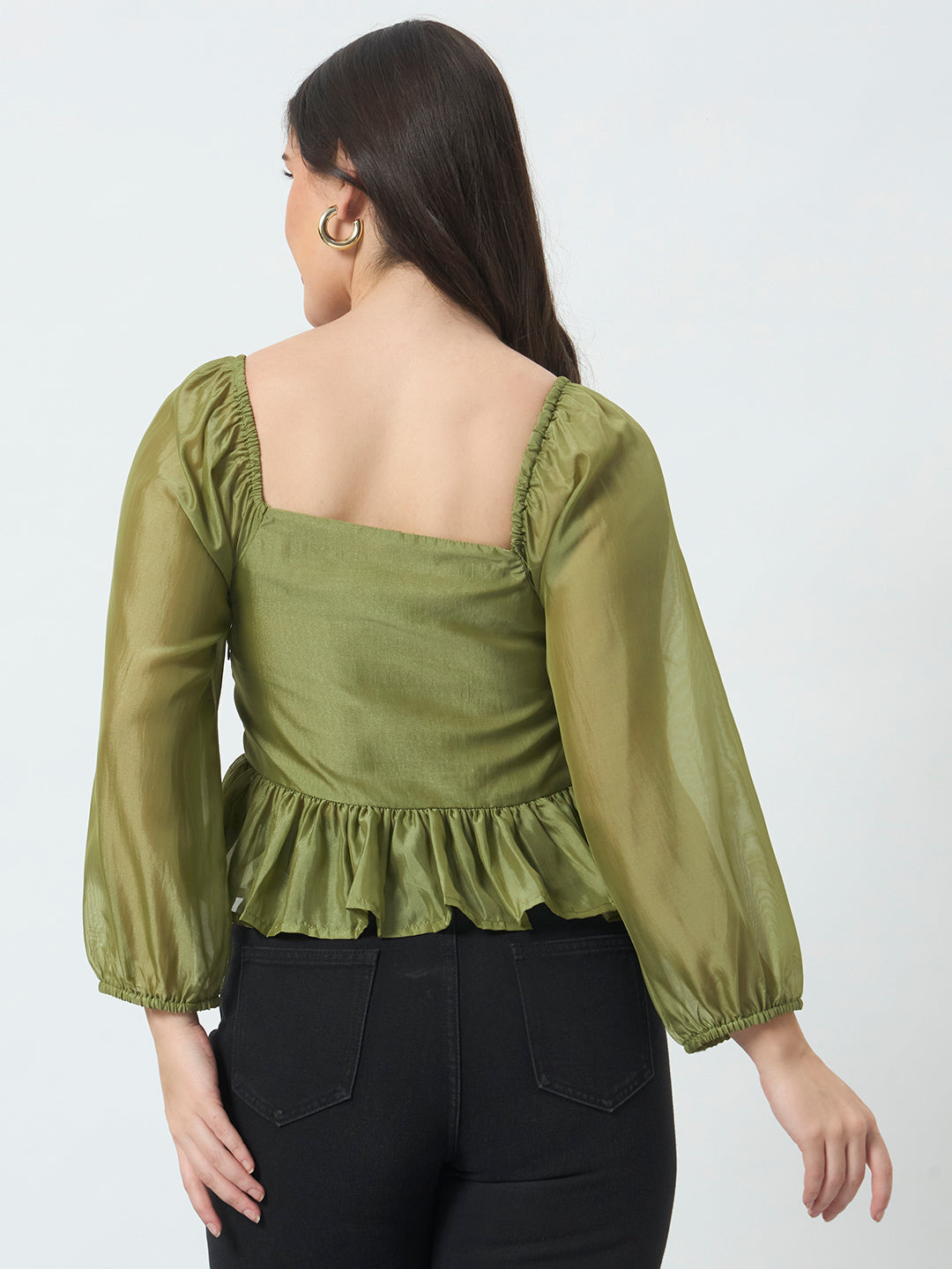 Solid Peplum Crop Top - Green