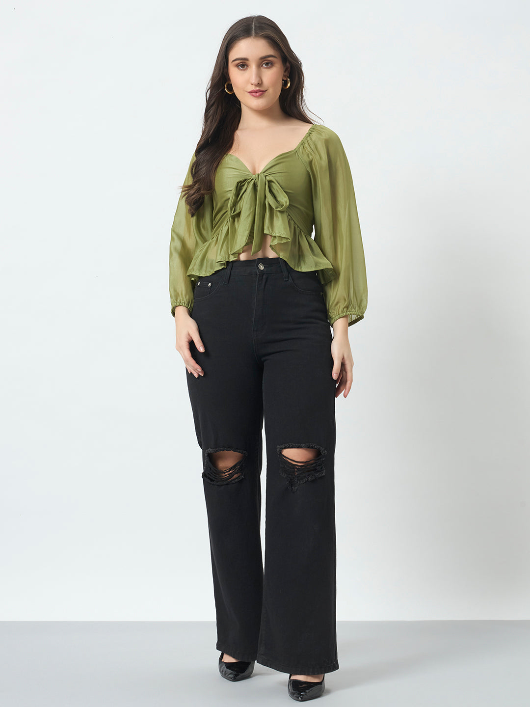 Solid Peplum Crop Top - Green
