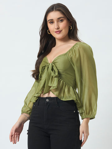 Solid Peplum Crop Top - Green