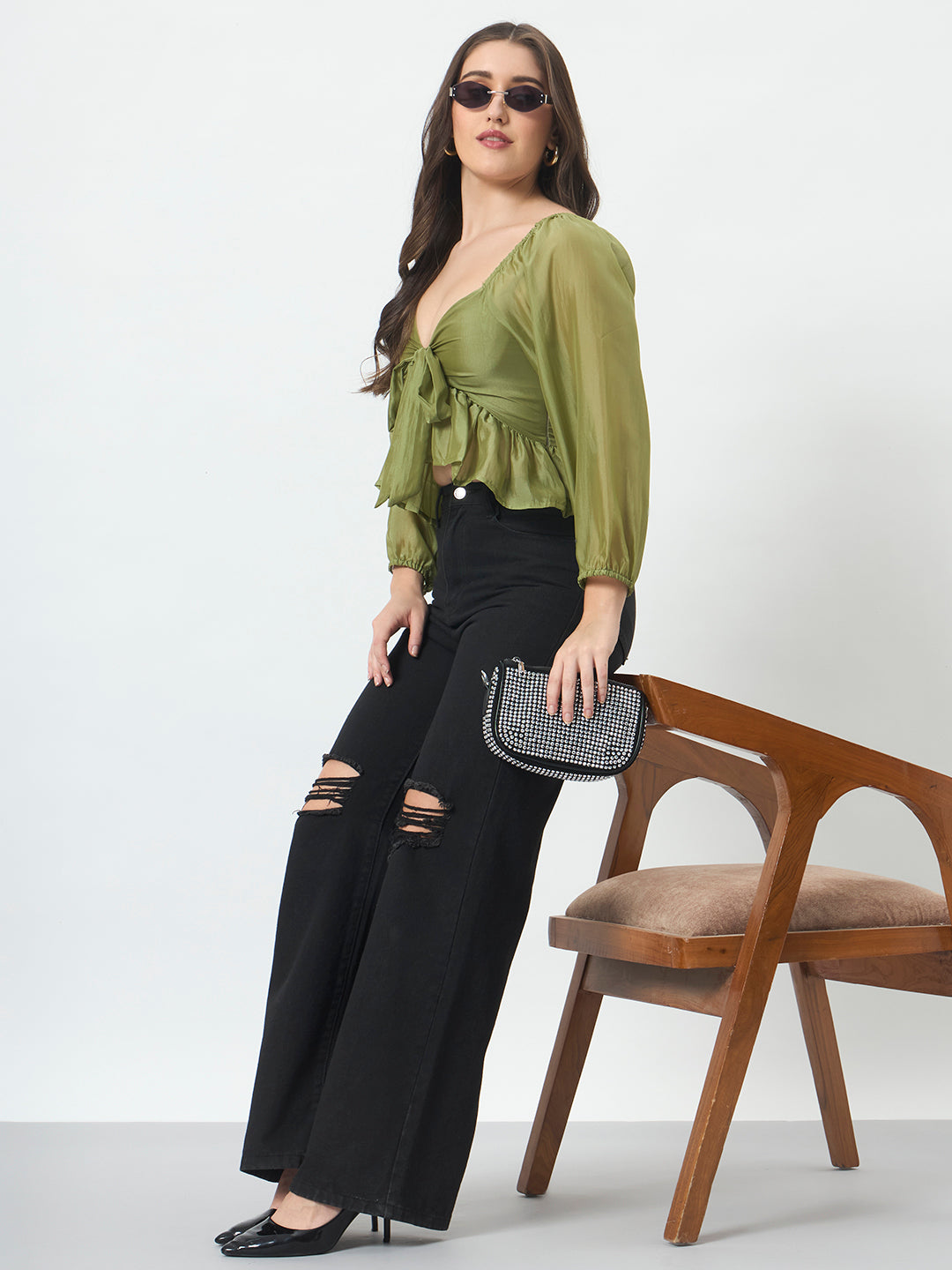 Solid Peplum Crop Top - Green