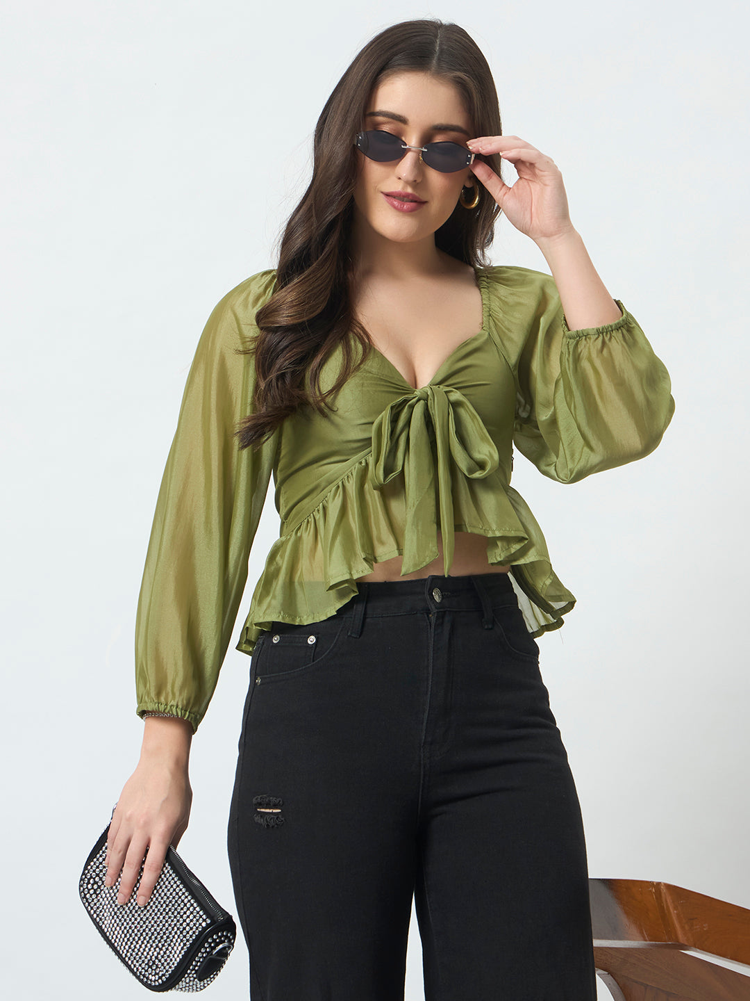 Solid Peplum Crop Top - Green