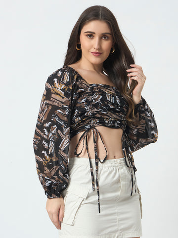 Ruched Printed Top - Black