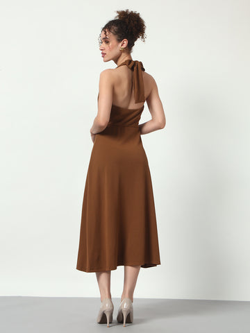 Halter Neck Fit & Flare Midi Dress - Brown