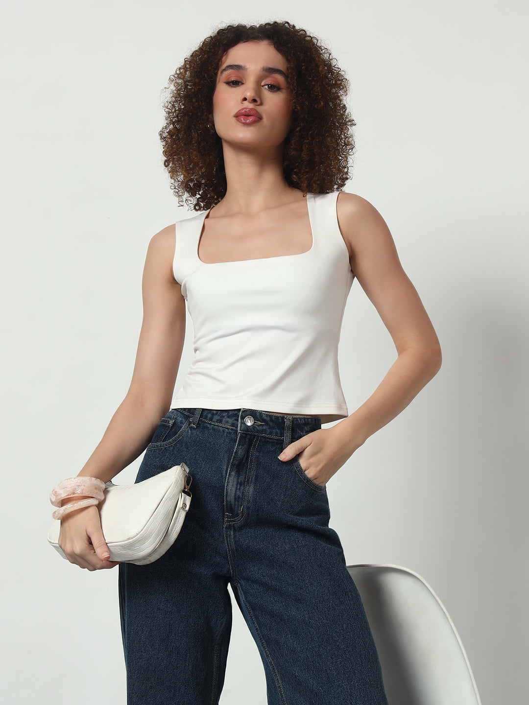 Wide Strap Crop Top - White