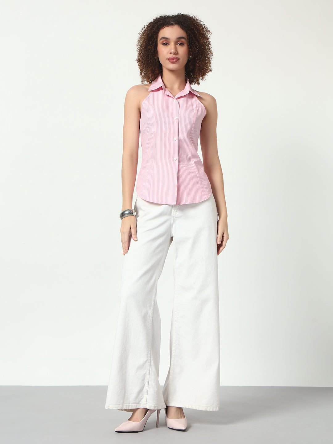 Lace-Up Back Halter Top - Pink