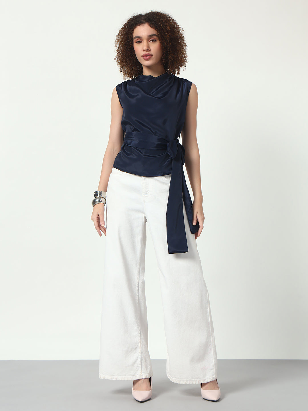 Cowl Neck Top w/Belt - Navy